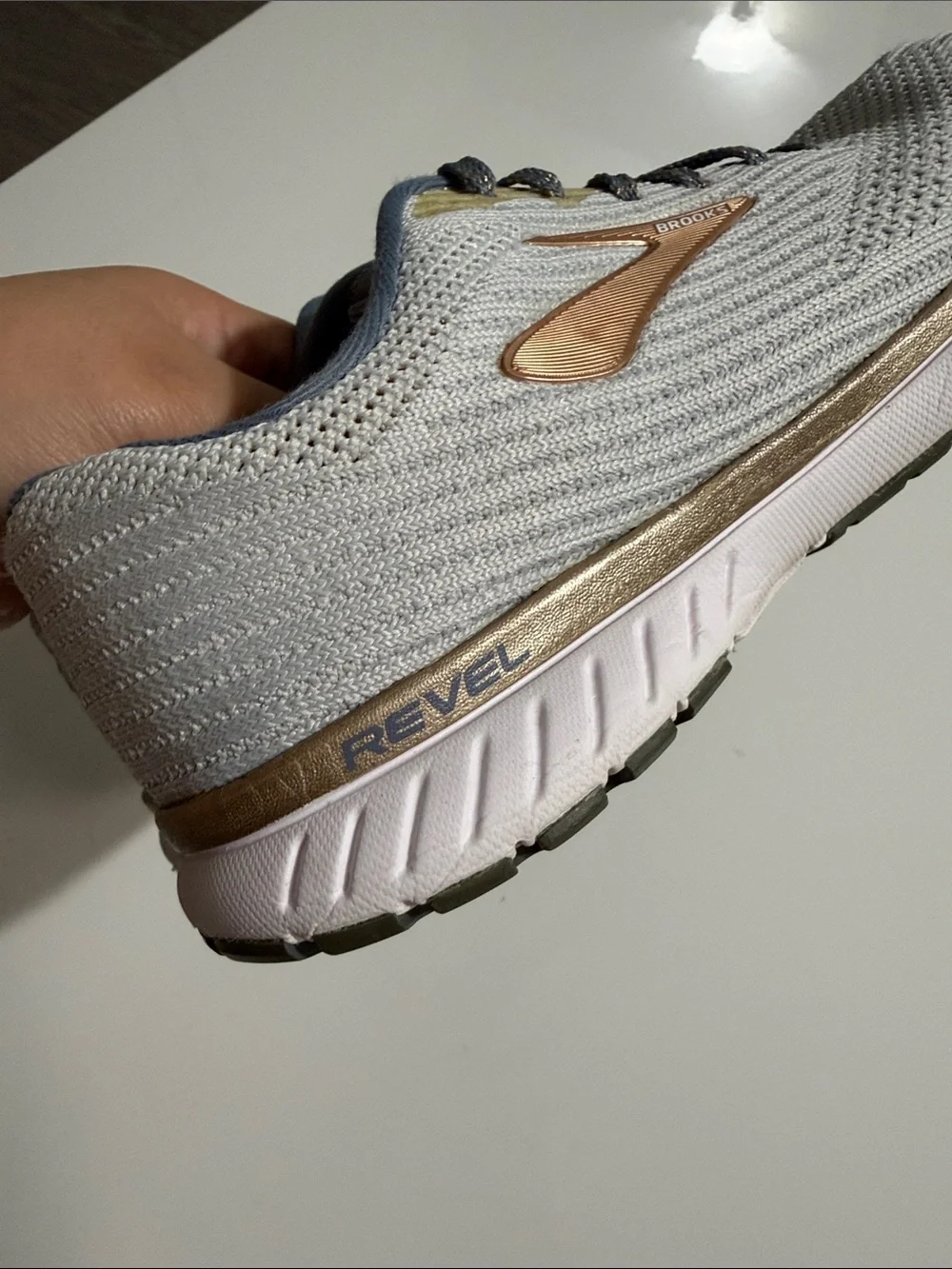 Brooks Revel 3 Running Shoes Gray Flint Stone Pale Gold Knit Women's Size 7